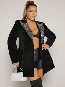 SHEIN SXY Plus Contrast Sequin Single Breasted Blazer Dress - Black - View 4