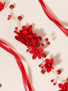 波西米亞風格假珍珠&花朵裝飾髮箍 - 紅色 - 查看 5