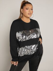 SHEIN SXY Plus Contrast Sequin Drop Shoulder Tee - Black - View 1