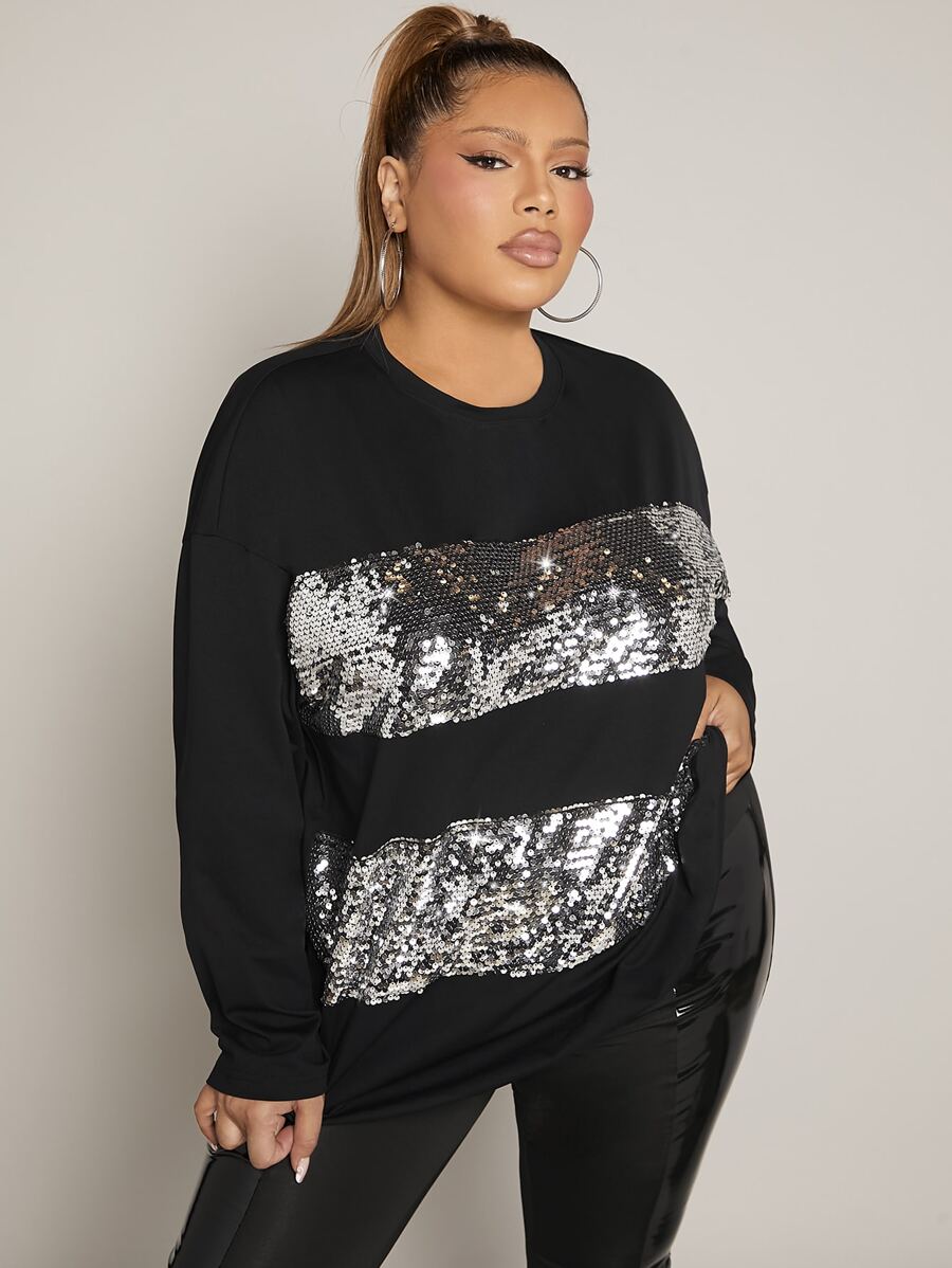 SHEIN SXY Plus Contrast Sequin Drop Shoulder Tee - Black - View 1