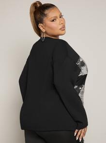 SHEIN SXY Plus Contrast Sequin Drop Shoulder Tee - Black - View 3