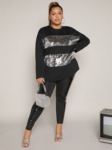 SHEIN SXY Plus Contrast Sequin Drop Shoulder Tee - Black - View 2