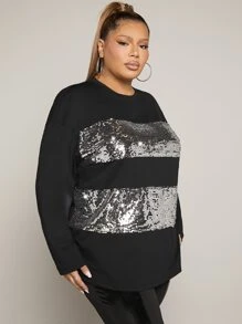 SHEIN SXY Plus Contrast Sequin Drop Shoulder Tee - Black - View 5