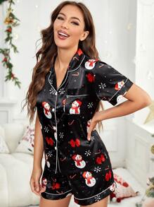 Christmas Print Contrast Piping Satin PJ Set / Pajama Set - Black - View 1