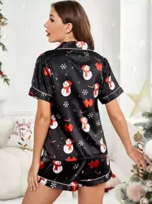 Christmas Print Contrast Piping Satin PJ Set / Pajama Set - Black - View 2