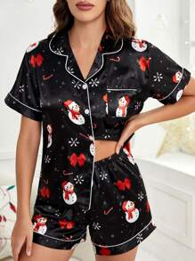 Christmas Print Contrast Piping Satin PJ Set / Pajama Set - Black - View 4