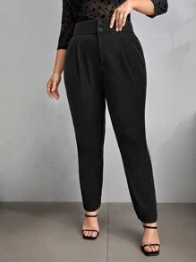 SHEIN Privé 大碼高腰前紐扣長褲 - 黑色 - 查看 1