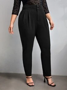 SHEIN Privé 大碼高腰前紐扣長褲 - 黑色 - 查看 4