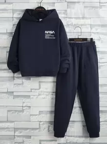 SHEIN Cậu bé Tween Đồ họa Khẩu hiệu Áo Hoodie & Quần thể thao - Màu xanh hải quân - Xem 1