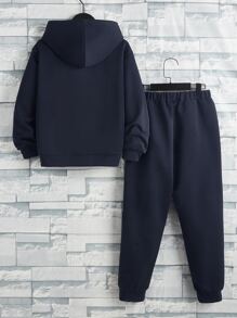 SHEIN Cậu bé Tween Đồ họa Khẩu hiệu Áo Hoodie & Quần thể thao - Màu xanh hải quân - Xem 2