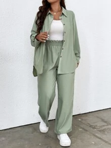 SHEIN LUNE Plus Solid Button Front Shirt & Paperbag Waist Wide Leg Trousers - Mint Green - View 4