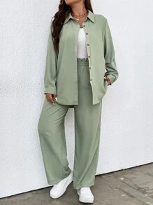 SHEIN LUNE Plus Solid Button Front Shirt & Paperbag Waist Wide Leg Trousers - Mint Green - View 5