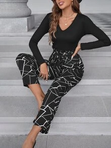 Geo Print Keyhole Back Paperbag Waist Belted Jumpsuit - Black - View 4