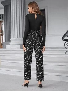 Geo Print Keyhole Back Paperbag Waist Belted Jumpsuit - Black - View 2