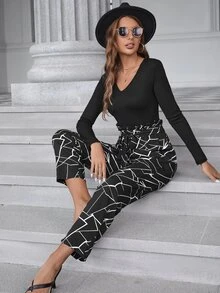 Geo Print Keyhole Back Paperbag Waist Belted Jumpsuit - Black - View 5