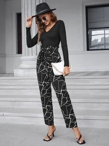 Geo Print Keyhole Back Paperbag Waist Belted Jumpsuit - Black - View 6