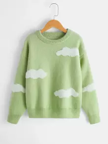 Girls Cloud Pattern Drop Shoulder Jumper - Green - View 1