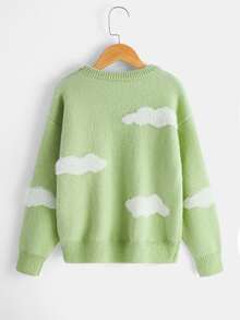 Girls Cloud Pattern Drop Shoulder Jumper - Green - View 2