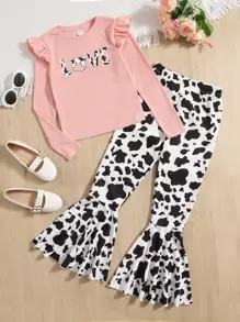 SHEIN Tween Girl Ruffle Trim Tee & Cow Print Flare Leg Pants - Multicolor - View 1