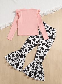 SHEIN Tween Girl Ruffle Trim Tee & Cow Print Flare Leg Pants - Multicolor - View 2