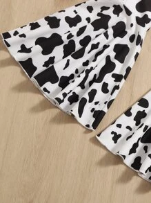 SHEIN Tween Girl Ruffle Trim Tee & Cow Print Flare Leg Pants - Multicolor - View 3