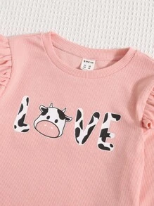 SHEIN Tween Girl Ruffle Trim Tee & Cow Print Flare Leg Pants - Multicolor - View 4