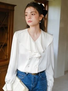 Solid Ruffle Trim Blouse - White - View 1