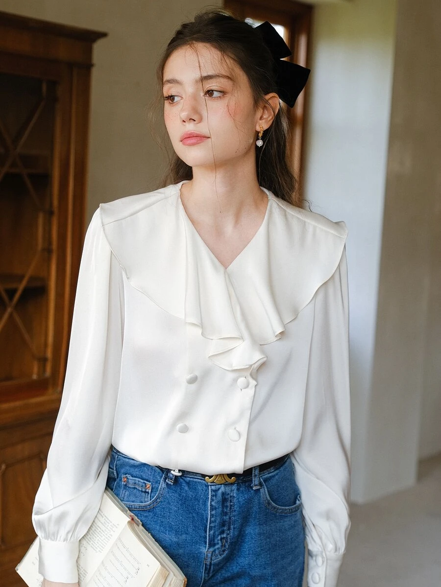 Solid Ruffle Trim Blouse - White - View 1