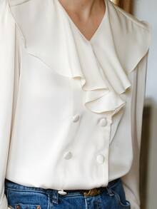 Solid Ruffle Trim Blouse - White - View 7