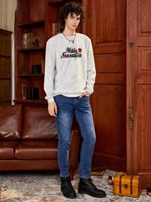 Men Letter & Floral Print Sweatshirt - Light Grey - View 5