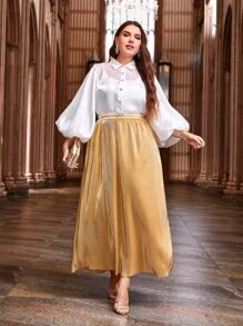 Modelyn 大碼燈籠袖緞面襯衫和裙子套裝 - 彩色 - 查看 4