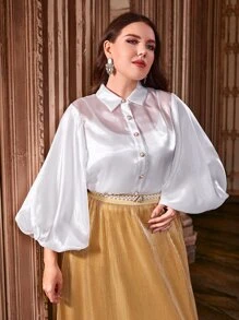 Modelyn 大碼燈籠袖緞面襯衫和裙子套裝 - 彩色 - 查看 6