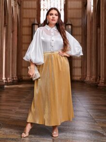 Modelyn 大碼燈籠袖緞面襯衫和裙子套裝 - 彩色 - 查看 8