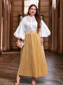 Modelyn 大碼燈籠袖緞面襯衫和裙子套裝 - 彩色 - 查看 9