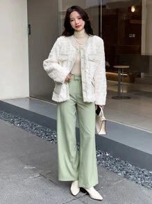 DAZY Contrast Trim Drop Shoulder Teddy Coat,Ladies Winter Elegant Contrast Binding,Double Button Regular Sleeve Round Neck Regular Fit Beige Plain Women Coats,Casual Daily Wear Women Jacket,Fall Women Clothes,Thermal Lined - Beige - View 3