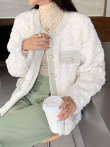 DAZY Contrast Trim Drop Shoulder Teddy Coat,Ladies Winter Elegant Contrast Binding,Double Button Regular Sleeve Round Neck Regular Fit Beige Plain Women Coats,Casual Daily Wear Women Jacket,Fall Women Clothes,Thermal Lined - Beige - View 5