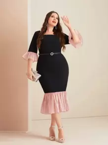 Mulvari Plus Contrast Flounce Sleeve Mermaid Hem Dress Without Belt - Black - View 1