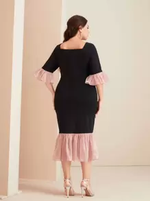 Mulvari Plus Contrast Flounce Sleeve Mermaid Hem Dress Without Belt - Black - View 2