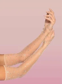 ROMWE Rhinestone Decor Fishnet Gloves - Apricot - View 1