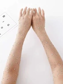 ROMWE Rhinestone Decor Fishnet Gloves - Apricot - View 2