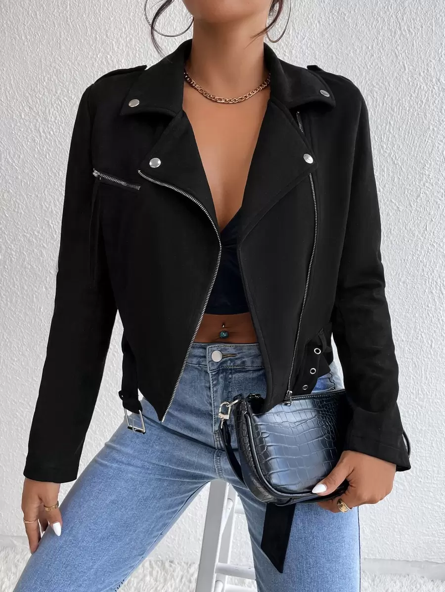 Chiquease Zip Up Buckle Belted Crop Moto Jacket Fall Winter Cloth For Women - Black - View 1