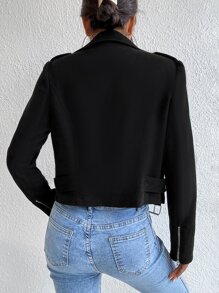 Chiquease Zip Up Buckle Belted Crop Moto Jacket Fall Winter Cloth For Women - Black - View 2