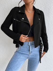 Chiquease Zip Up Buckle Belted Crop Moto Jacket Fall Winter Cloth For Women - Black - View 5