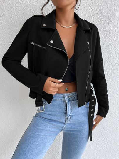 SHEIN LUNE Zip Up Buckle Belted Crop Moto Jacket Fall Winter Cloth For Women
