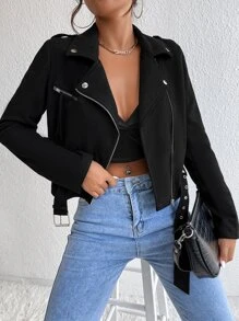 Chiquease Zip Up Buckle Belted Crop Moto Jacket Fall Winter Cloth For Women - Black - View 6