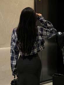 格纹印花落肩短款衬衫，长袖上衣，休闲春季款 - 藏蓝色 - 查看 2