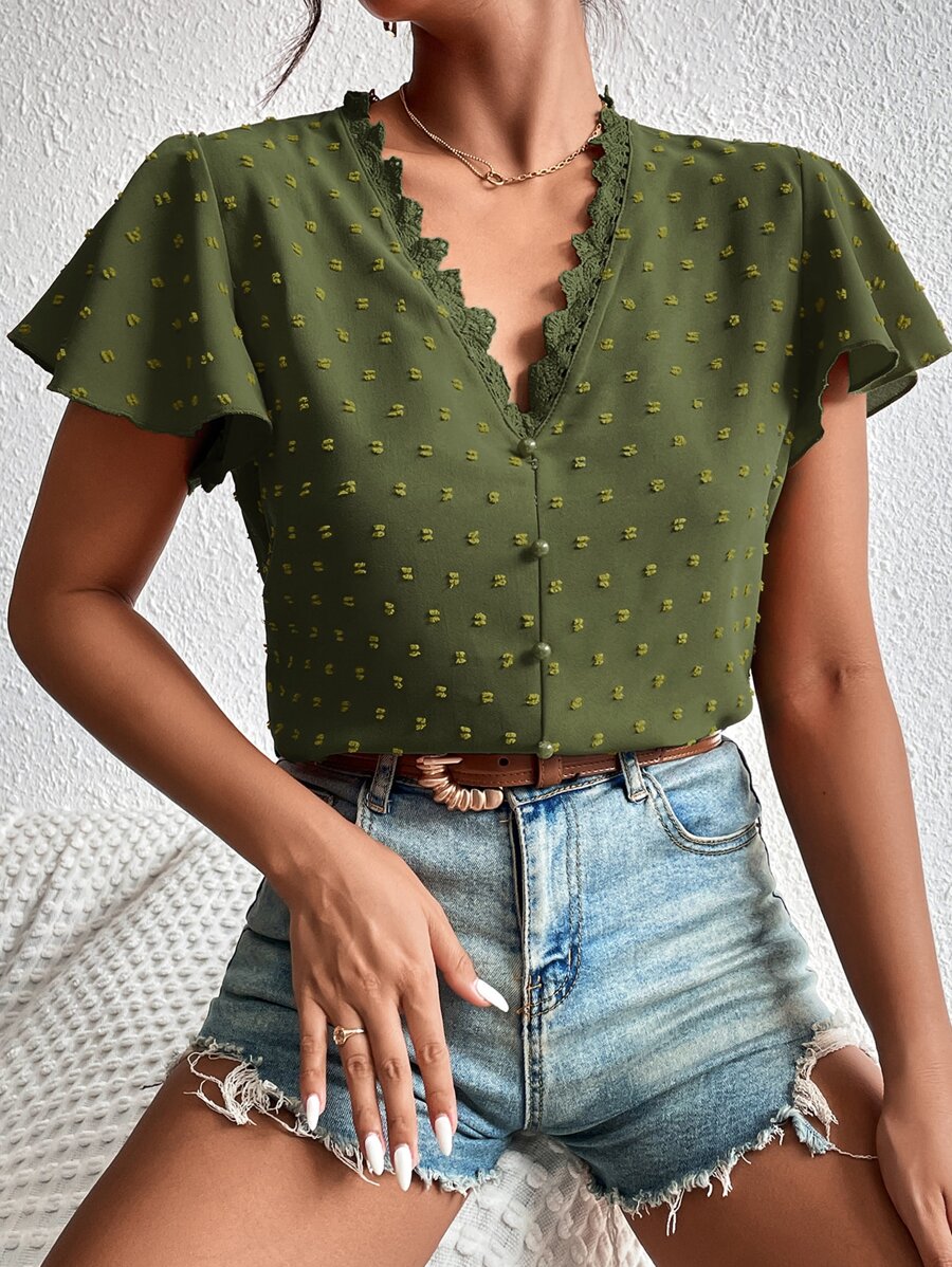 SHEIN Frenchy Áo sơ mi nữ Nút Tương phản ren màu trơn Boho - xanh quân đội - Xem 1