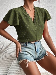SHEIN Frenchy Áo sơ mi nữ Nút Tương phản ren màu trơn Boho - xanh quân đội - Xem 3