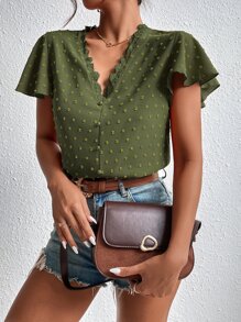 SHEIN Frenchy Áo sơ mi nữ Nút Tương phản ren màu trơn Boho - xanh quân đội - Xem 4