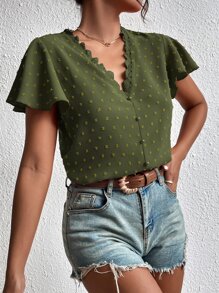 SHEIN Frenchy Áo sơ mi nữ Nút Tương phản ren màu trơn Boho - xanh quân đội - Xem 5
